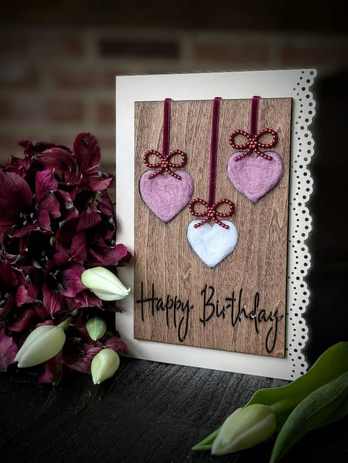 Handcrafted 5x7 Birthday Card with Wool-Filled Hearts - Image 6