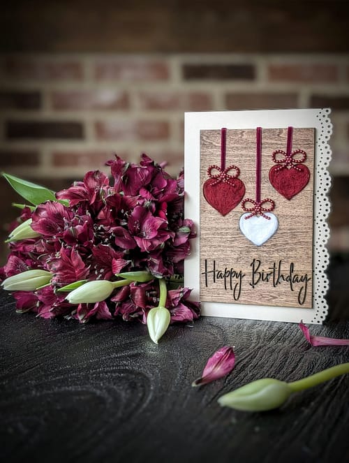 Handcrafted 5x7 Birthday Card with Wool-Filled Hearts - Image 2