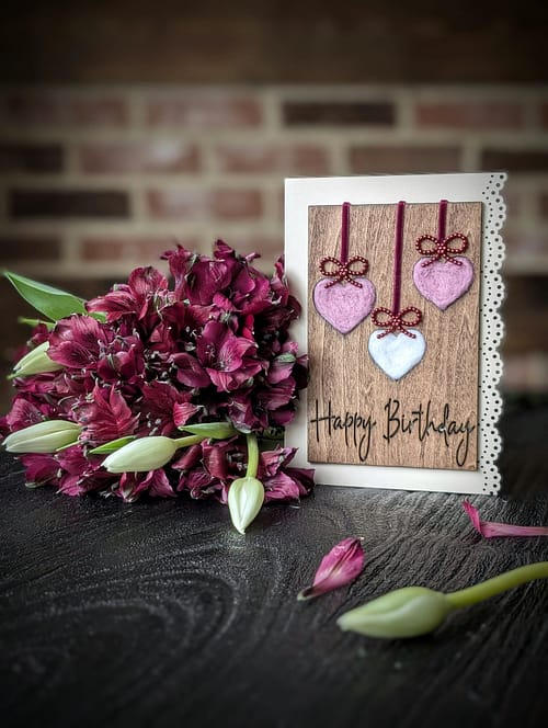 Handcrafted 5x7 Birthday Card with Wool-Filled Hearts - Image 3