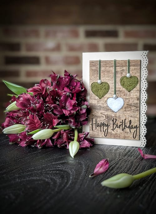 Handcrafted 5x7 Birthday Card with Wool-Filled Hearts - Image 4