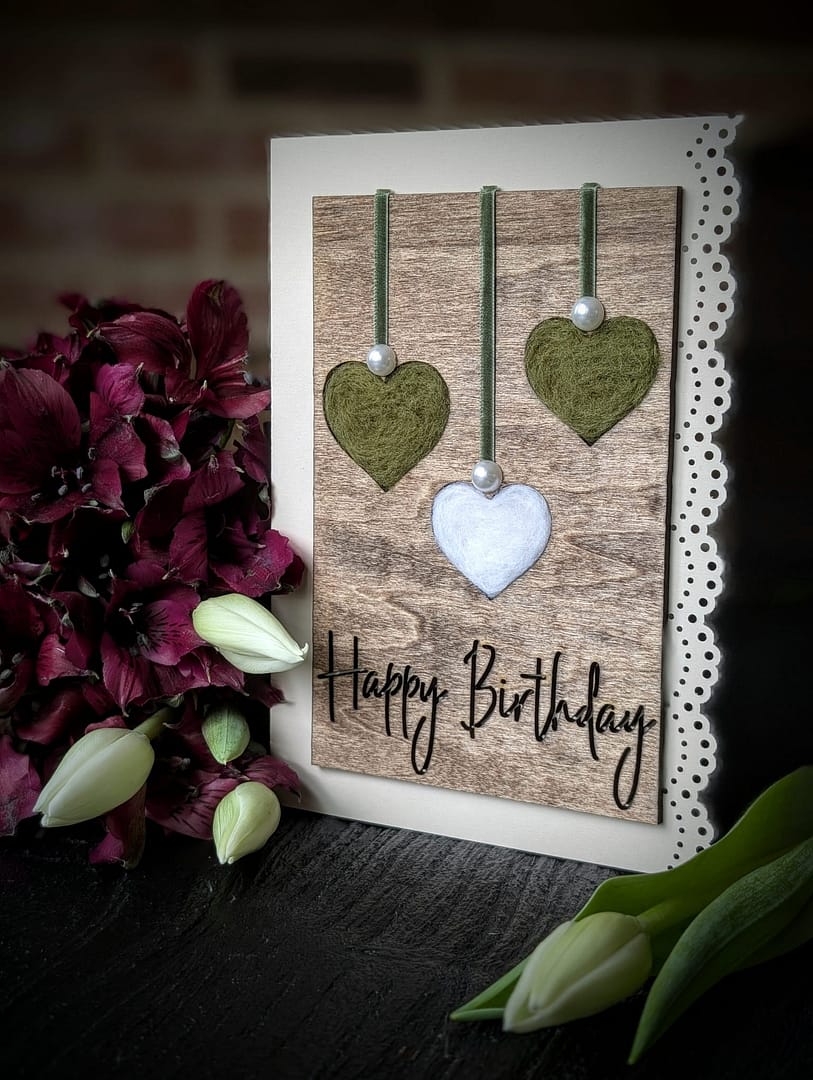 Handcrafted 5x7 Birthday Card with Wool-Filled Hearts - Image 5