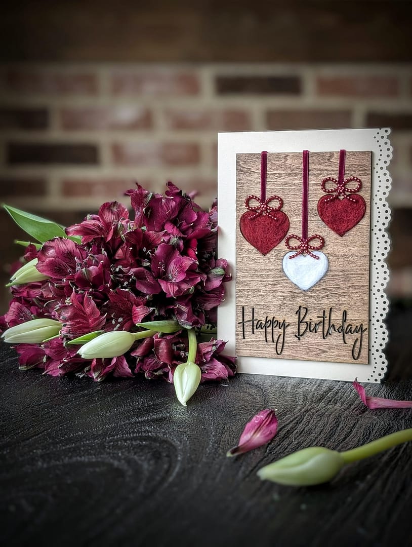 Handcrafted 5x7 Birthday Card with Wool-Filled Hearts - Image 2